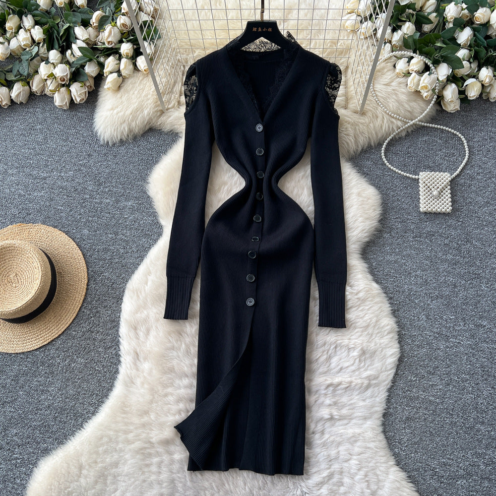 Celebrity niche style goddess style sexyv necklacepatchwork single breasted silmslimming look slit knittingdress female