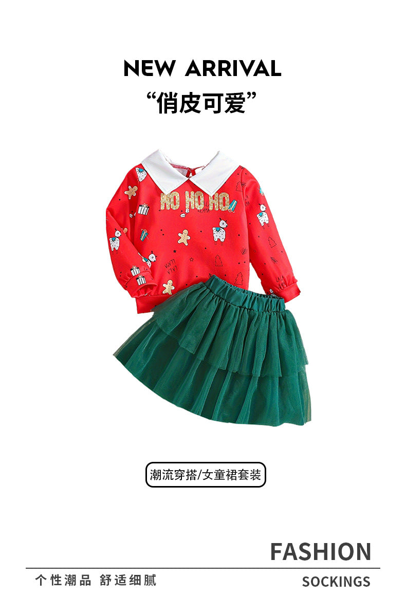 kidssuit red lapel sweatshirt cartoon printing two-layer gauze cake skirt festival girl skirt two pieces