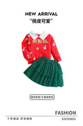 kidssuit red lapel sweatshirt cartoon printing two-layer gauze cake skirt festival girl skirt two pieces