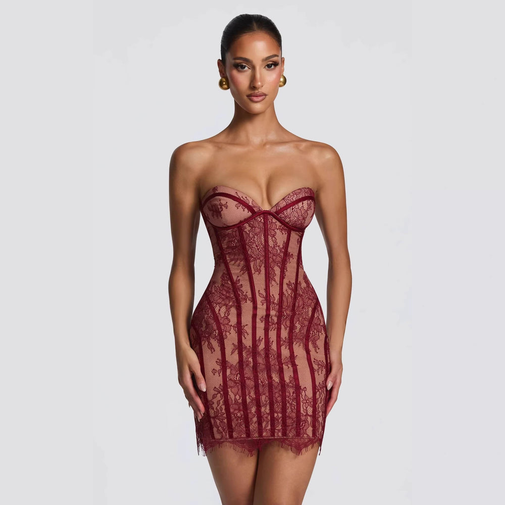 european and american women's clothing  spring/summer new lace bandeau striped high-waisted bodycon slimming bodycon dress