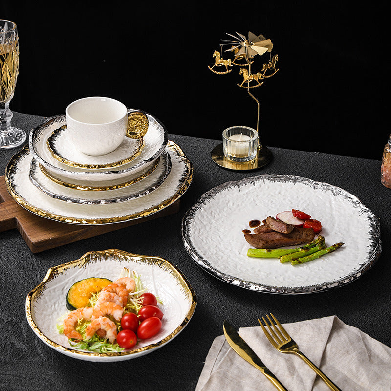 Embossed minimalist solid color ceramic bowls, plates, and dishes - premium, high-end design for hotels, restaurants, steak plates, fruit salads, and dessert bowls