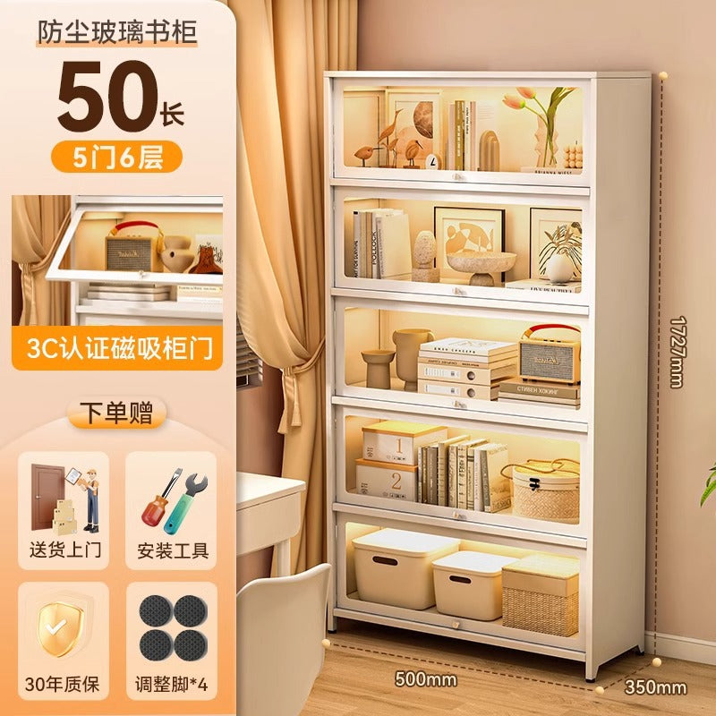 Steel bookcase with glass doors, kids' bookshelf, home living room storage cabinet, dustproof display cabinet, iron art shelf