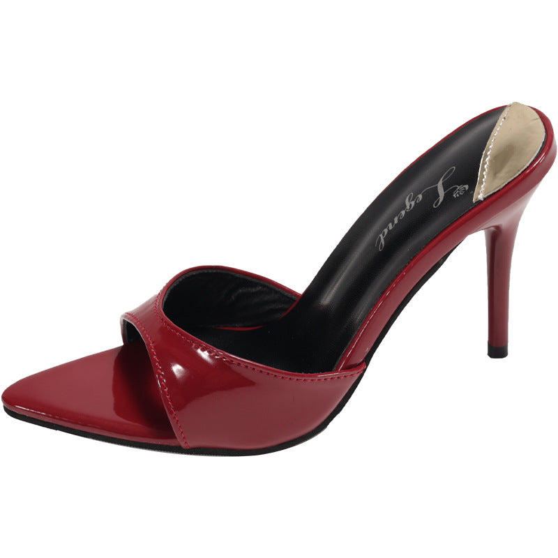 European and american summer new pointed-toe stiletto heel patent leather slippers, versatile sexy red women's sandals, slimming design