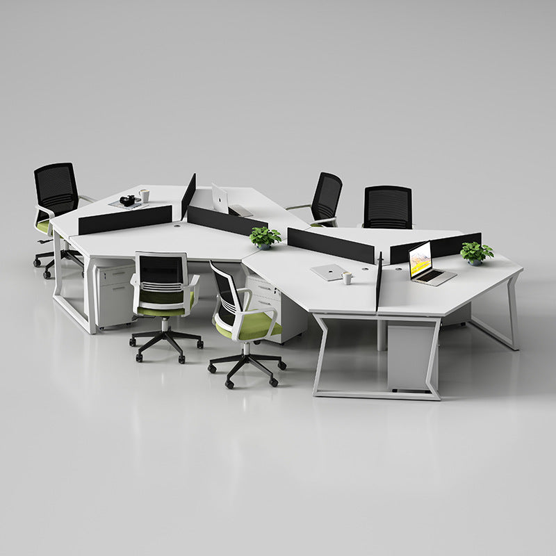 Office workstation desk set - creative 3-person irregular shaped desk and chair combination for multiple employees