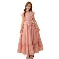 European and american cross-border teen girls' clothing  new arrival: elegant ruffle trim round neck cinched waist long french style dress
