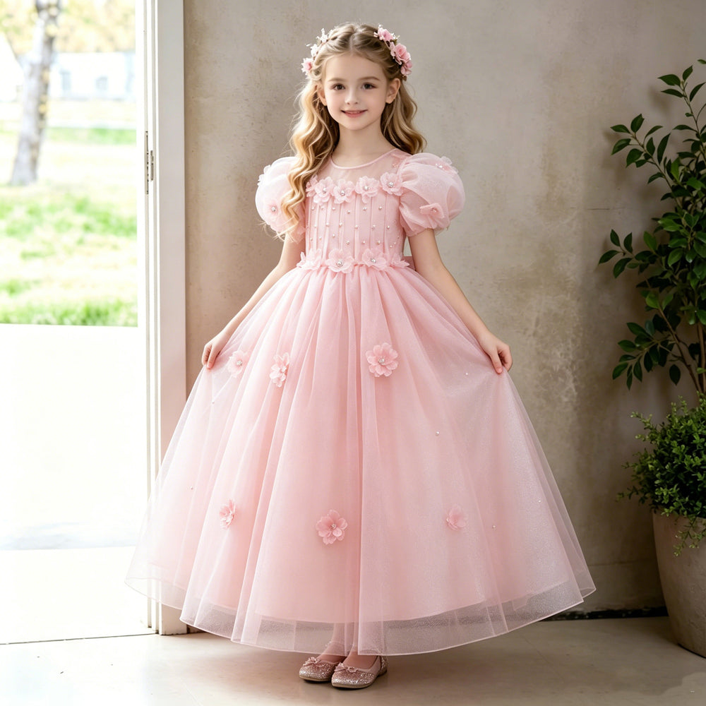 Ready-to-ship children's formal dress: bubble sleeve floral wedding dress, princess party dress for girls