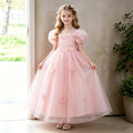 Ready-to-ship children's formal dress: bubble sleeve floral wedding dress, princess party dress for girls