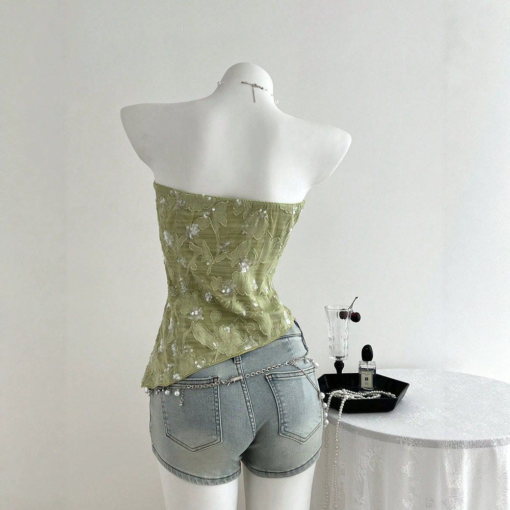 Ready-to-ship 73707#  cross-border fashion summer sheer sequin textured soft & elegant women's bandeau top