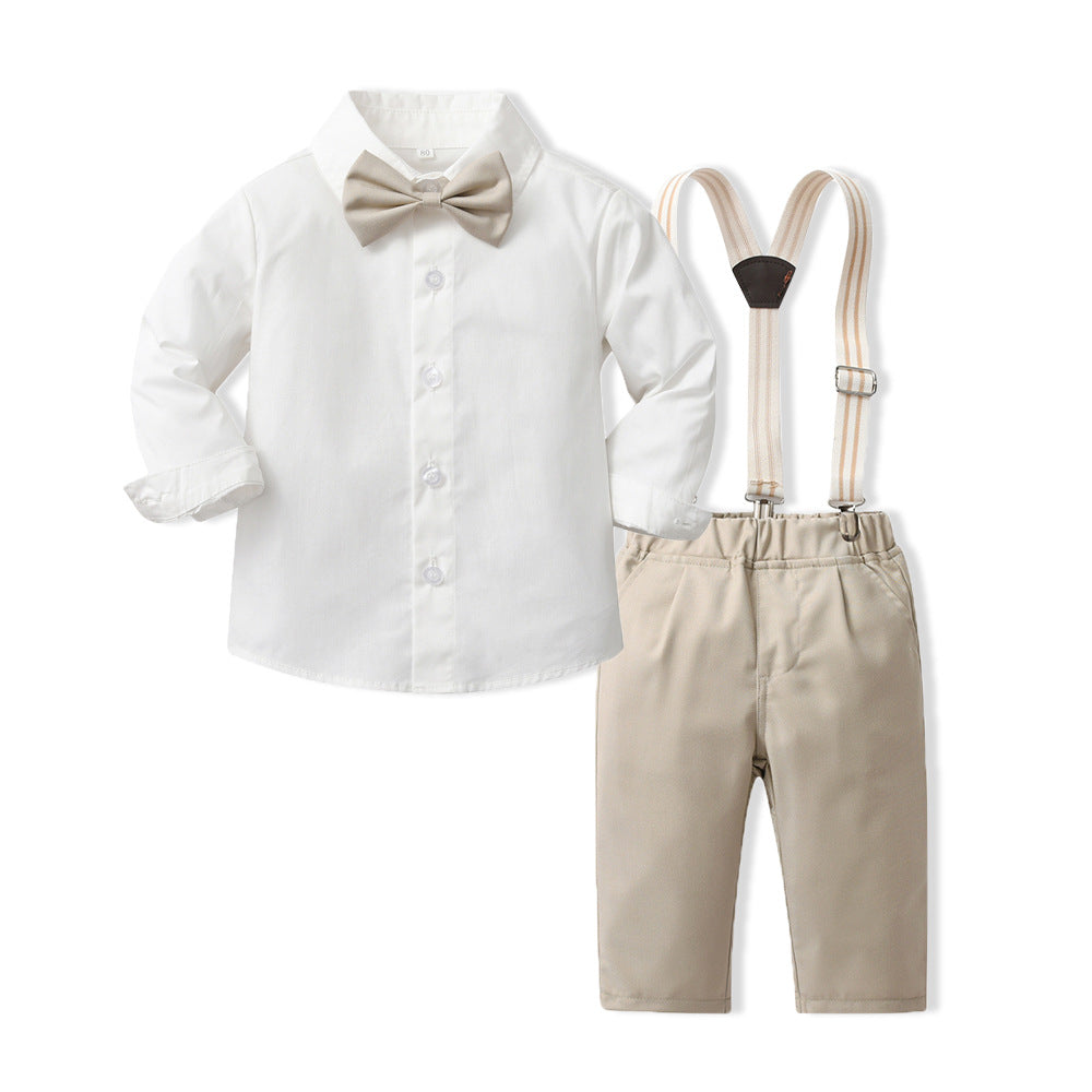 New british style boys' spring outfit: long-sleeved white shirt and suspender pants formal set - spring new arrivals for boys' clothing