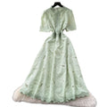 French high-end vintage embroidered cinched-waist short-sleeve dress - women's  summer slimming, elegant, and chic maxi dress