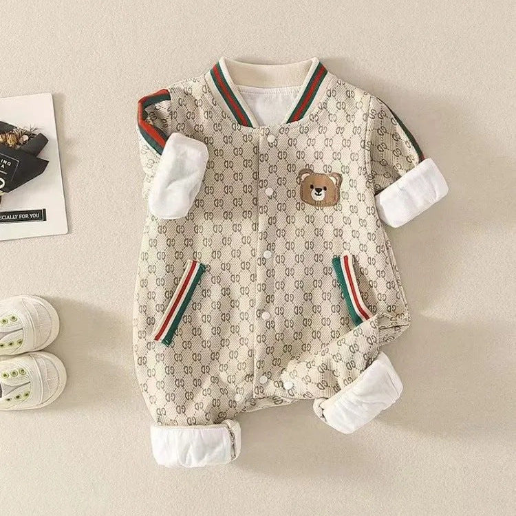 Baby spring autumfashion one-piece hoodie trendy grids male and female baby one-piece double-layer bear style outwear hoodie