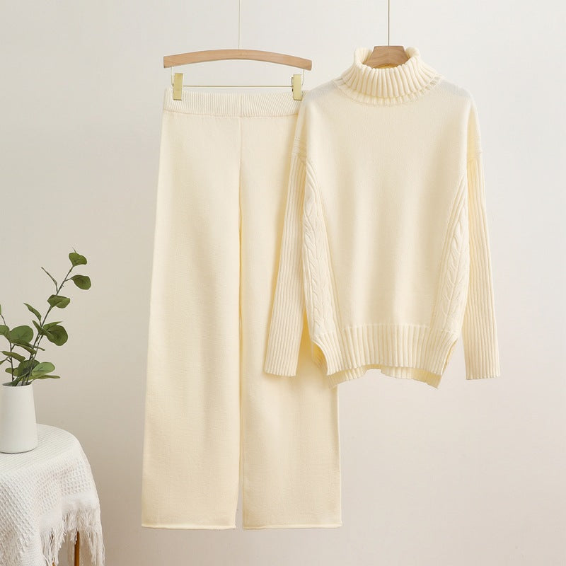 Autumn winternew arrivalknittingsuitelegantcasual slit sense of design high collar sweaterpure colorloose pantstwo-piece set