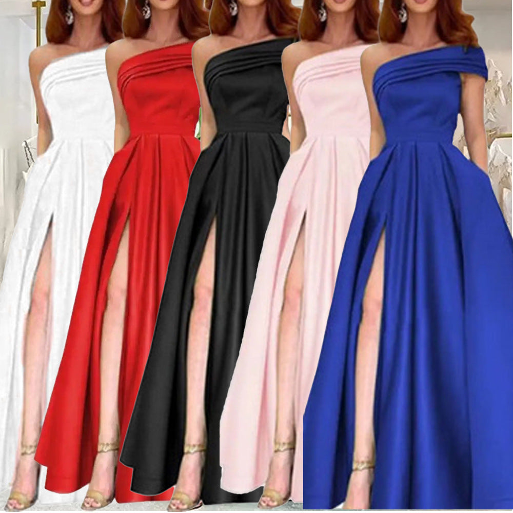 Export one-shoulder satin dress  evening dress birthday party tutu skirt green high slit sexy jumpsuit