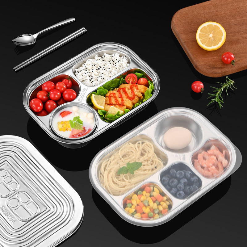 316 stainless steel grid lunch box with lid fat reduction plate fast food plate children's student plate canteen lunch box wholesale