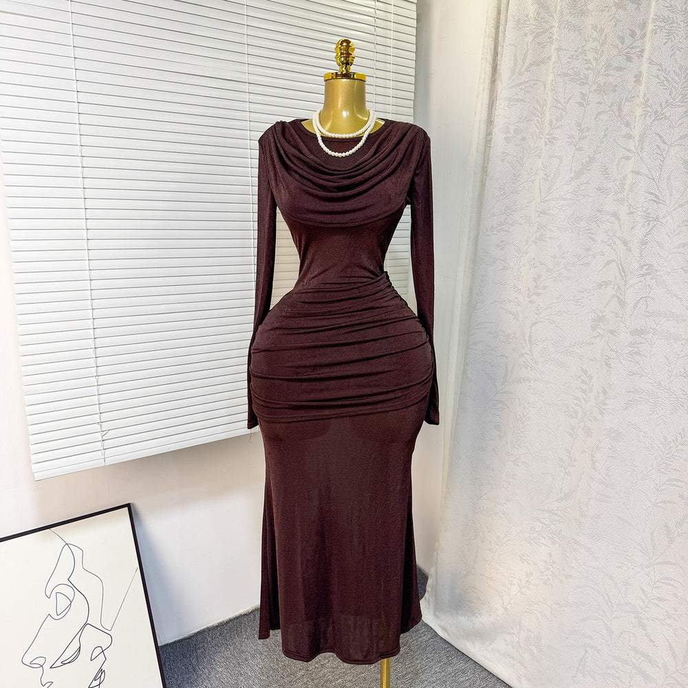 fashion evening dress 2026 spring new arrivalfashionelegant slim fit high round neck pleated hip cover long sleevesdress