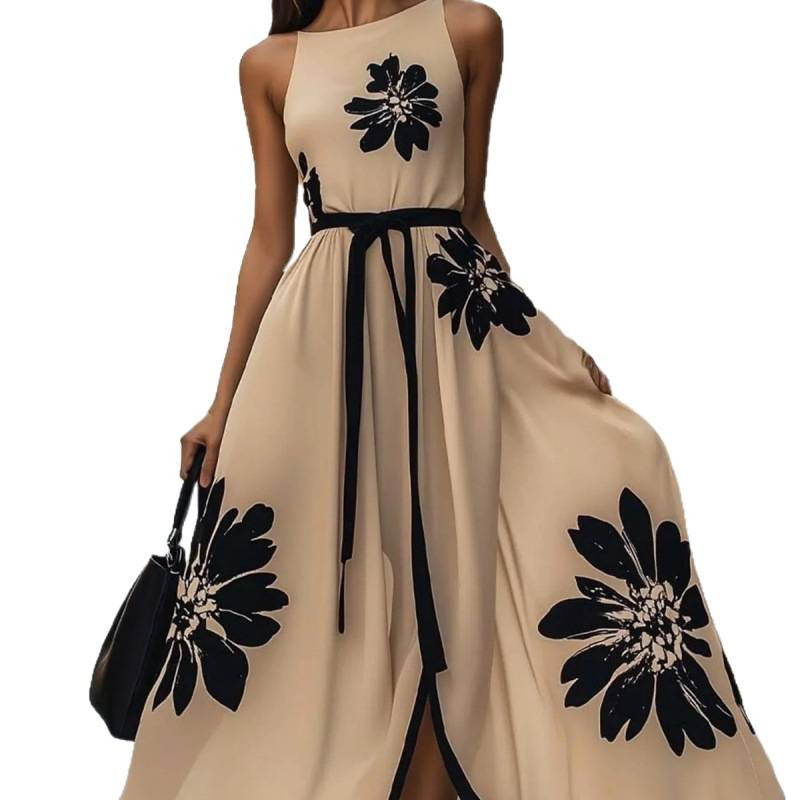 Amazon european style elegant floral print round neck long sleeveless dress - new summer collection