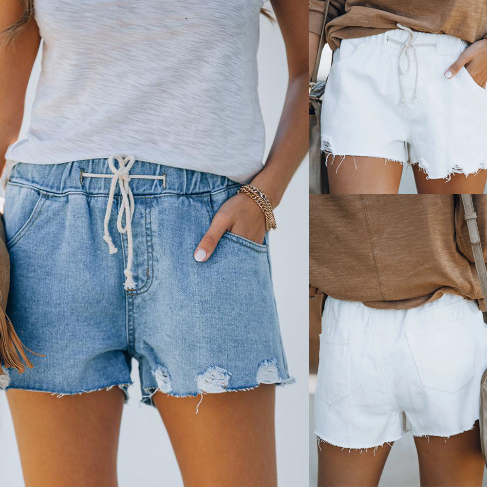 European and american women's clothing, cross-border e-commerce, new arrivals,  style, elegant, , slimming, elastic waist, denim casual shorts, trendy women's fashion