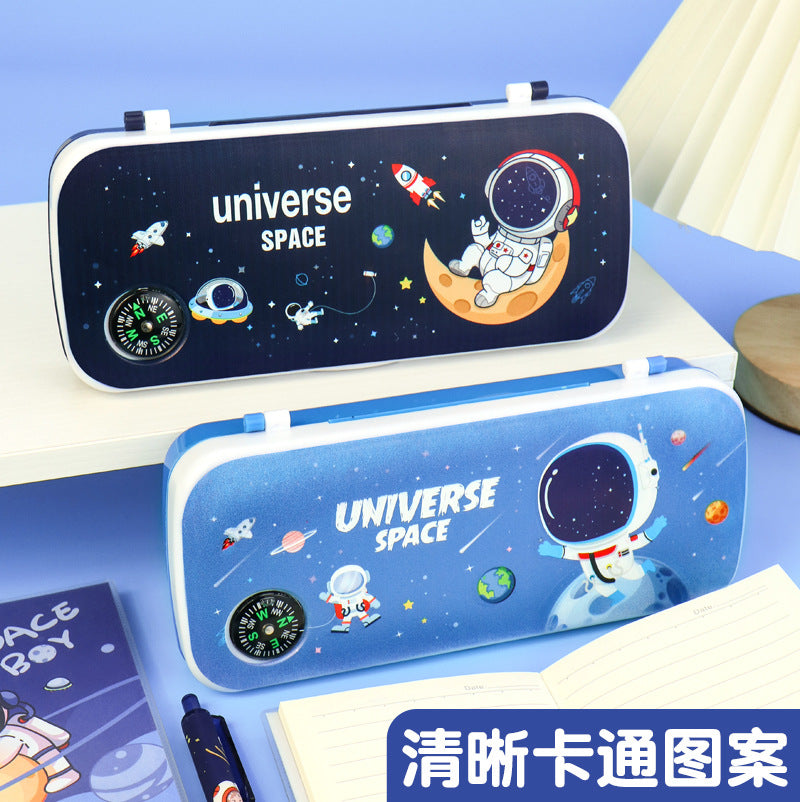 Multifunctional compass pencil case Primary school student stationery box wholesale Children's cartoon cute astronaut plastic pencil case