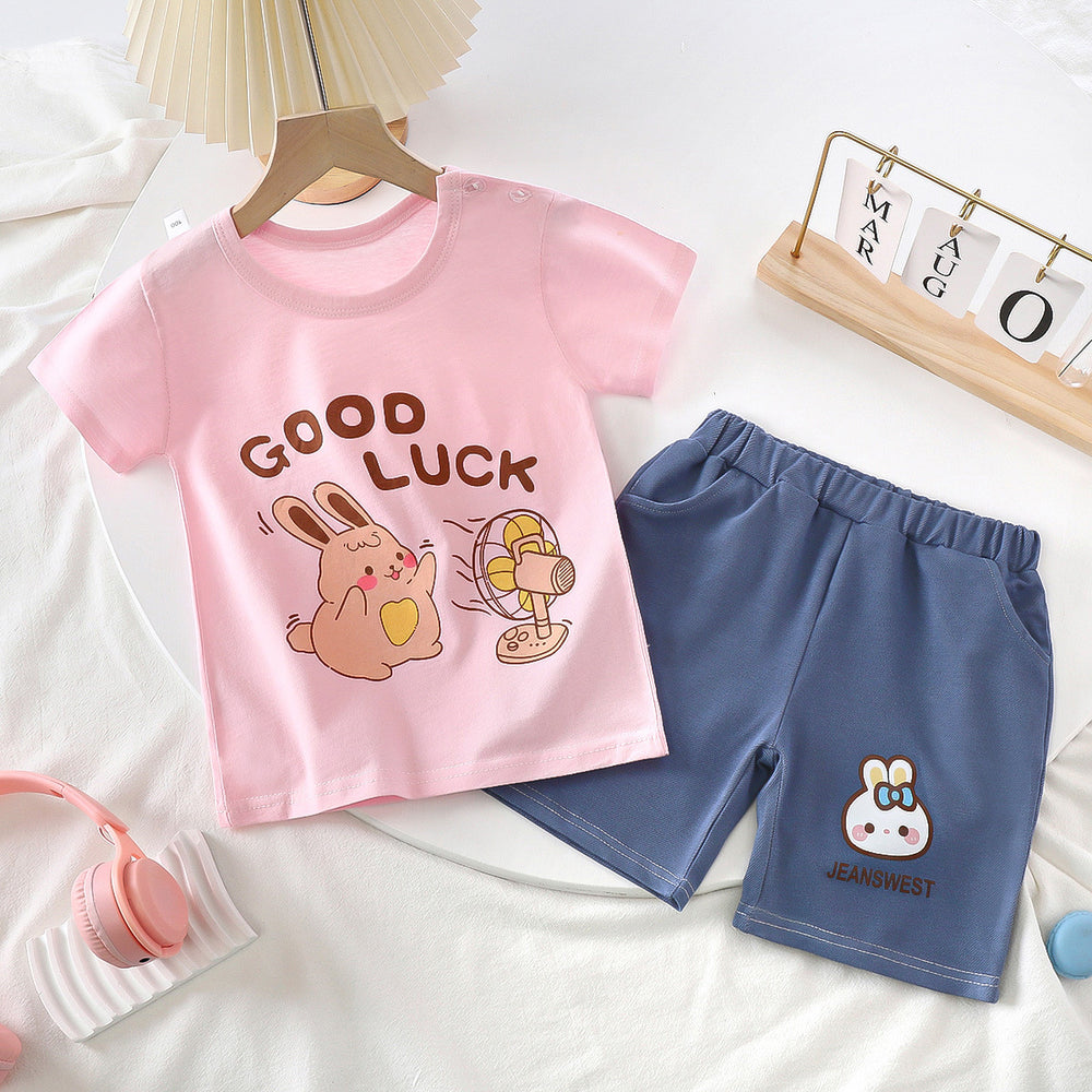 summer kids' short-sleeve set: toddler & children's pure cotton denim casual short-sleeve & shorts two-piece outfit - dropshipping available