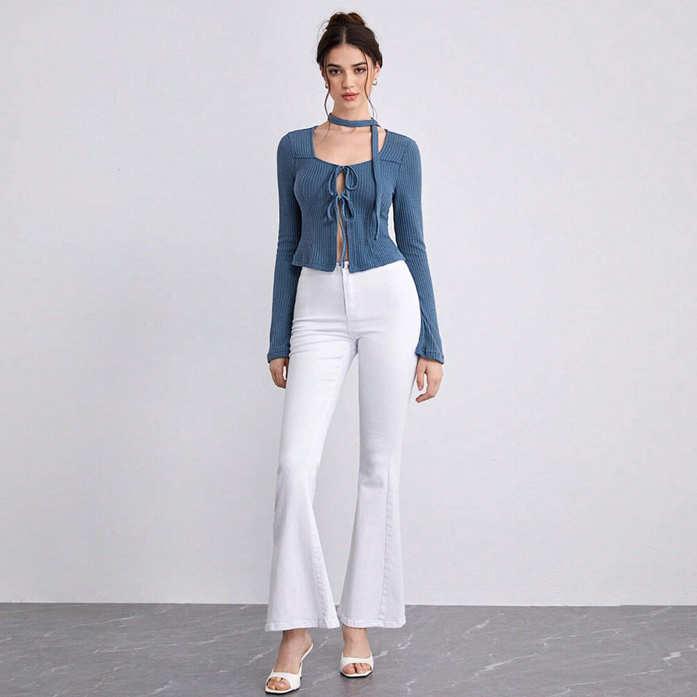 Cross-border European and American sexy cardigan 2024 autumn and winter women's clothing straps hollow waffle long-sleeved t-shirt temperament top