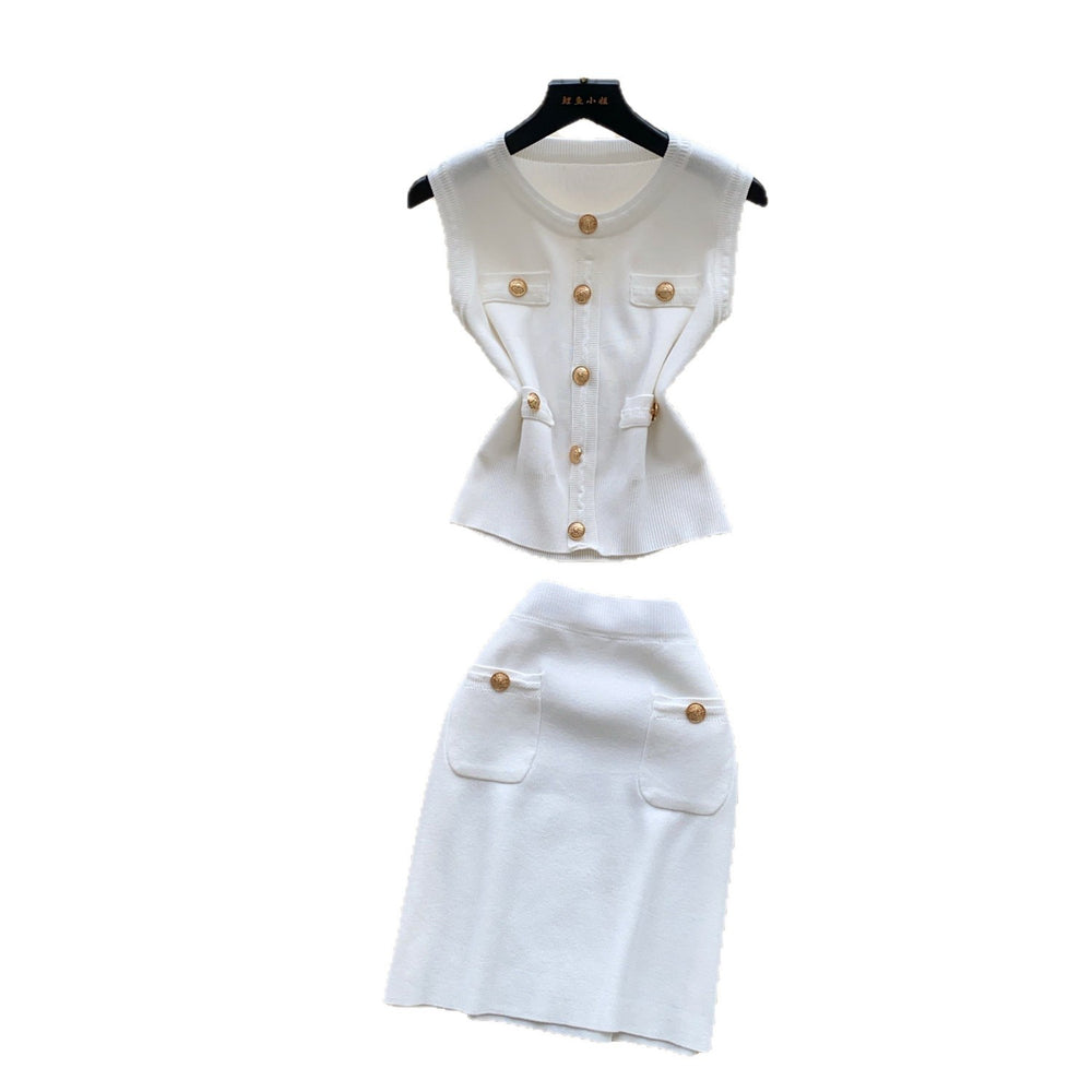Pure desire style silmsweet season metal buckle sleeveless tops hip cover skirt knittingtwo-piece set women's summersuit