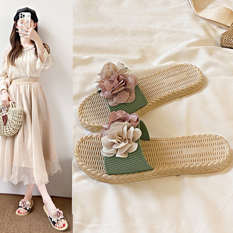 New summer fairy style color block floral slides - women's beach sandals, fashionable outdoor wear, flat, non-slip