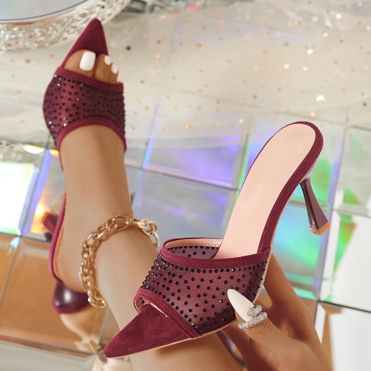 跨境大码尖头水钻时尚高跟凉拖鞋2025夏季新款增高外穿露趾女鞋