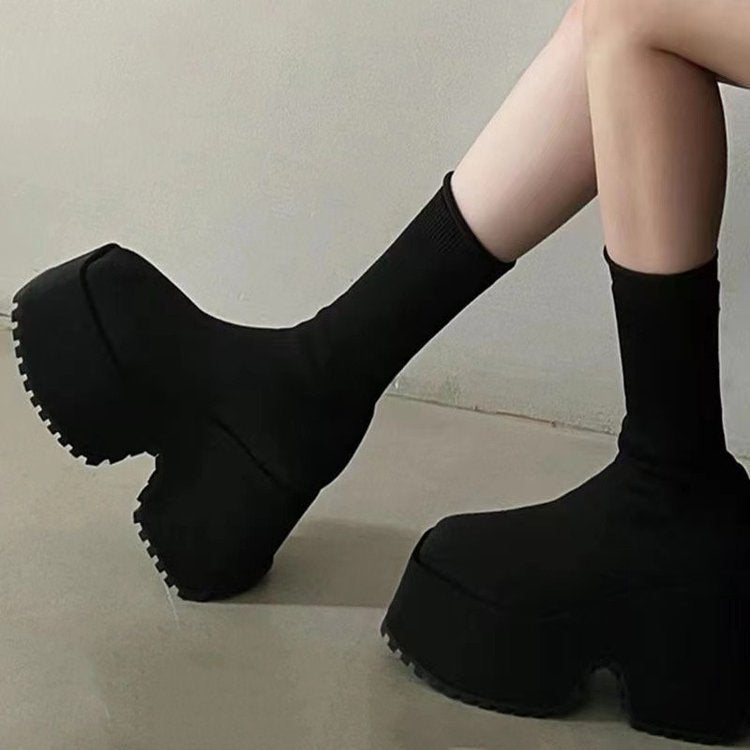 foreign trade large size  new thick heel knitted elastic boots women's high heel two-wear elastic woolen cotton boots 42 size