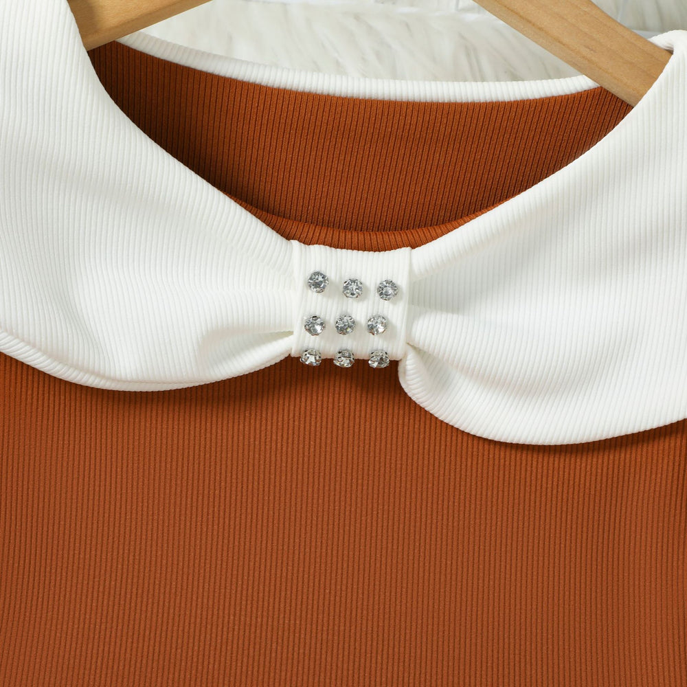 European and american autumn girls' bowknot design off-the-shoulder beaded long-sleeve top and pu leather pleated skirt two-piece set