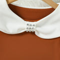 European and american autumn girls' bowknot design off-the-shoulder beaded long-sleeve top and pu leather pleated skirt two-piece set