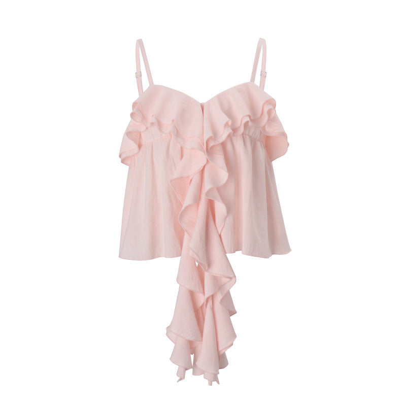 European and american women's clothing  summer new sweet and elegant pink girly ruffle trim strappy backless tank top