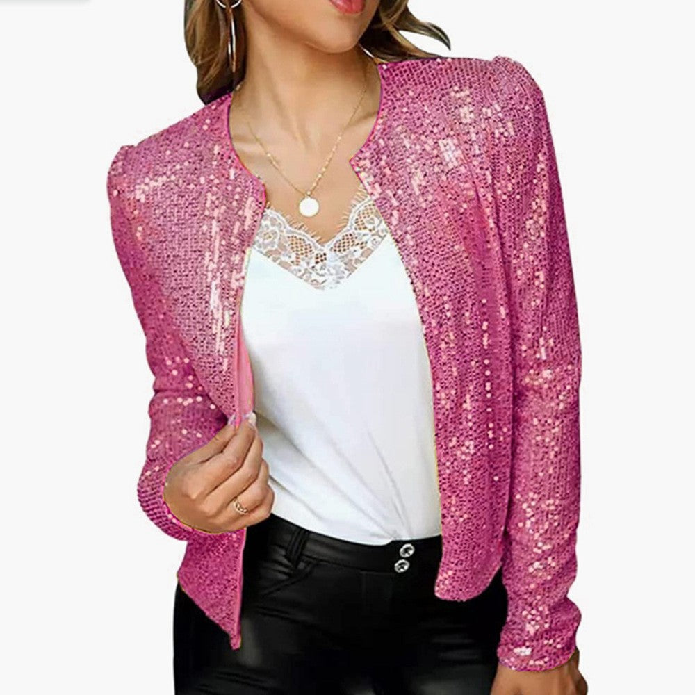 spring new arrival: european and american style fashion stand collar color block sequin jacket - short, casual, and versatile outerwear