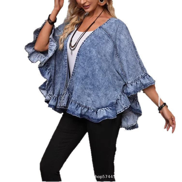 Amazon tiktok pinduoduo foreign trade cross-border fashion women's ruffles sleeve denim cardigan washed outwear