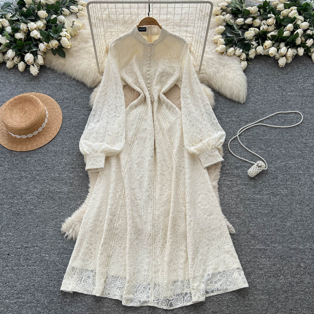 French court style dress - women's autumn 2025 - high-end, single-breasted, waist-cinching, slimming, elegant lace maxi dress