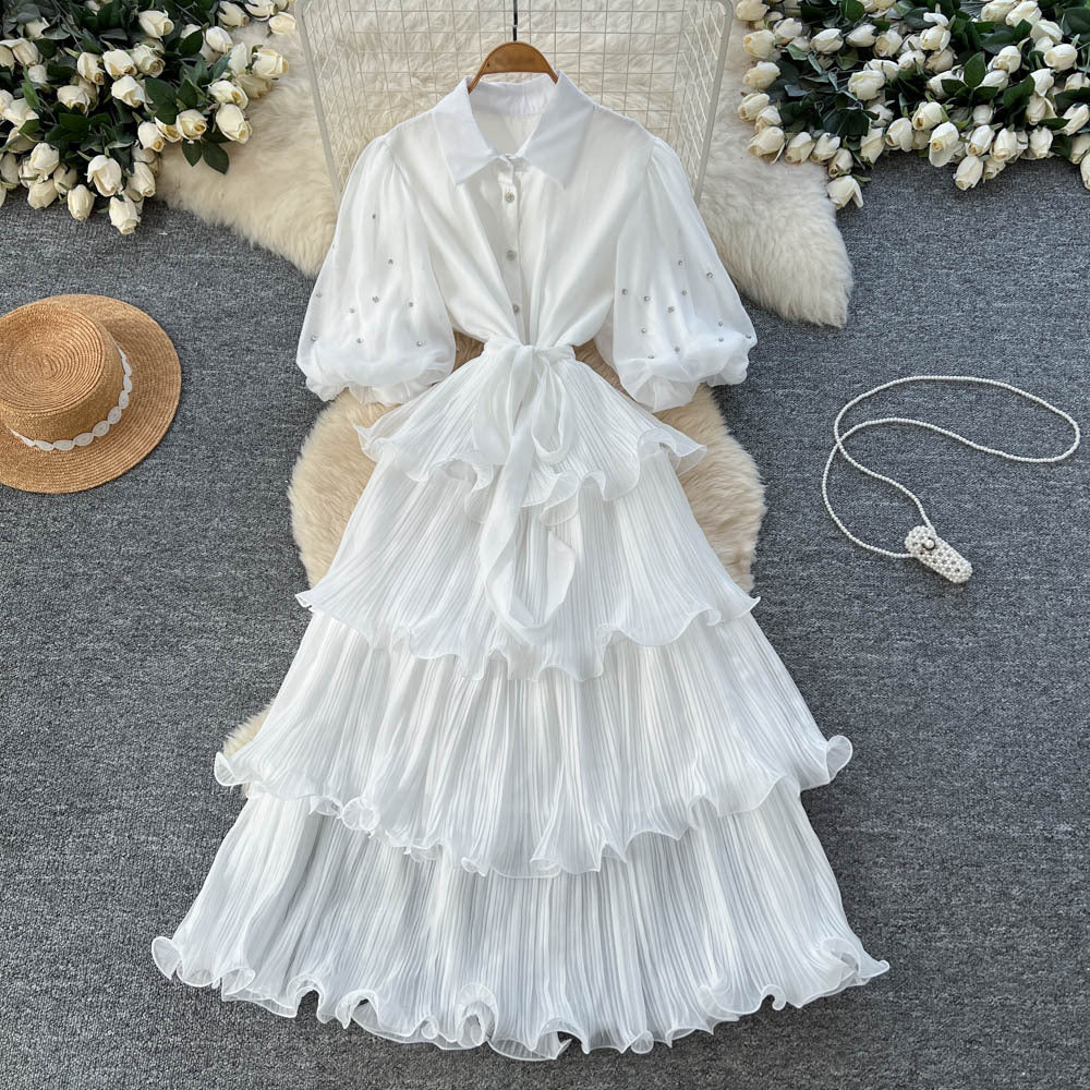 French retro court style, heavily embellished rhinestone lantern sleeve, tie-waist, slimming, elegant ruffle hem pleated dress