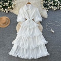 French retro court style, heavily embellished rhinestone lantern sleeve, tie-waist, slimming, elegant ruffle hem pleated dress