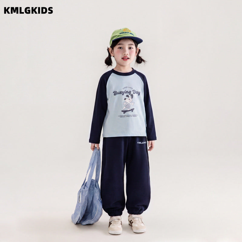 Girls' autumn clothing  new loose color block little girl's clothes long sleeve t-shirt kids cartoon print top