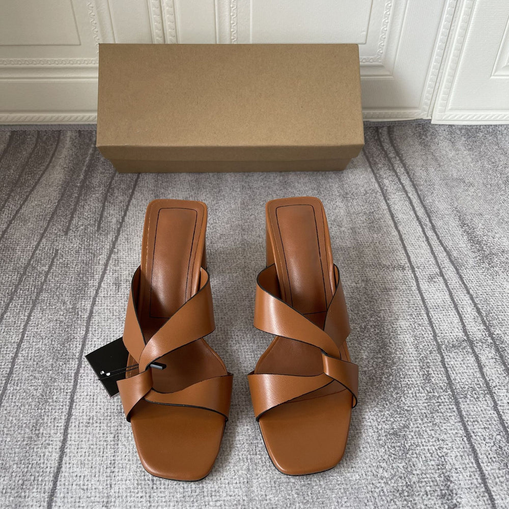 Z's 2023 spring new women's shoes: brown chunky heel minimalist open-toe high heel mules for outdoor wear