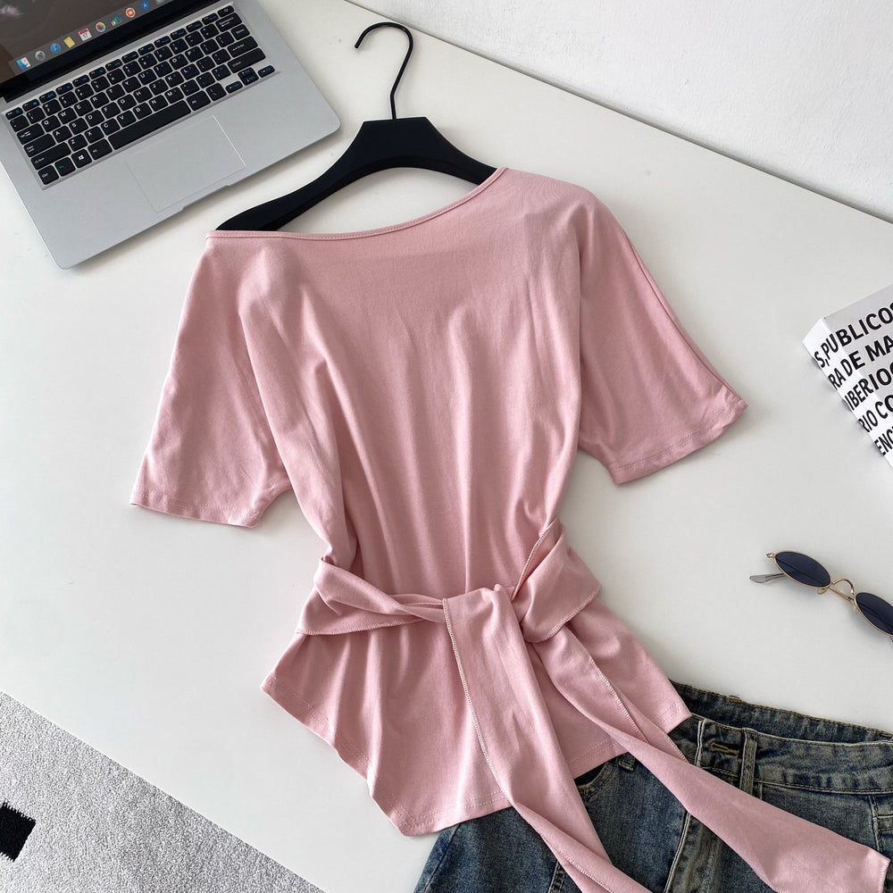 K-stylesense of design oblique shoulder tie backtight waist short-sleeved t-shirt women's new arrival waist slimming lookeleganttops