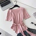 K-stylesense of design oblique shoulder tie backtight waist short-sleeved t-shirt women's new arrival waist slimming lookeleganttops