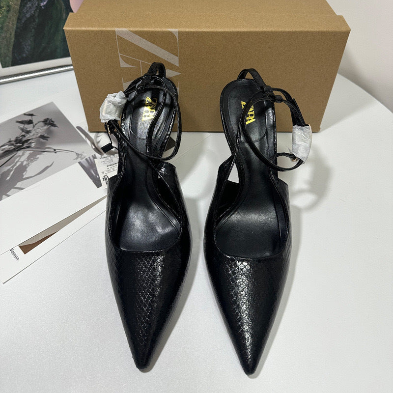 Az2024 summer new arrivals: black python print buckled stiletto mules - trendy pointed-toe open-back sweet style