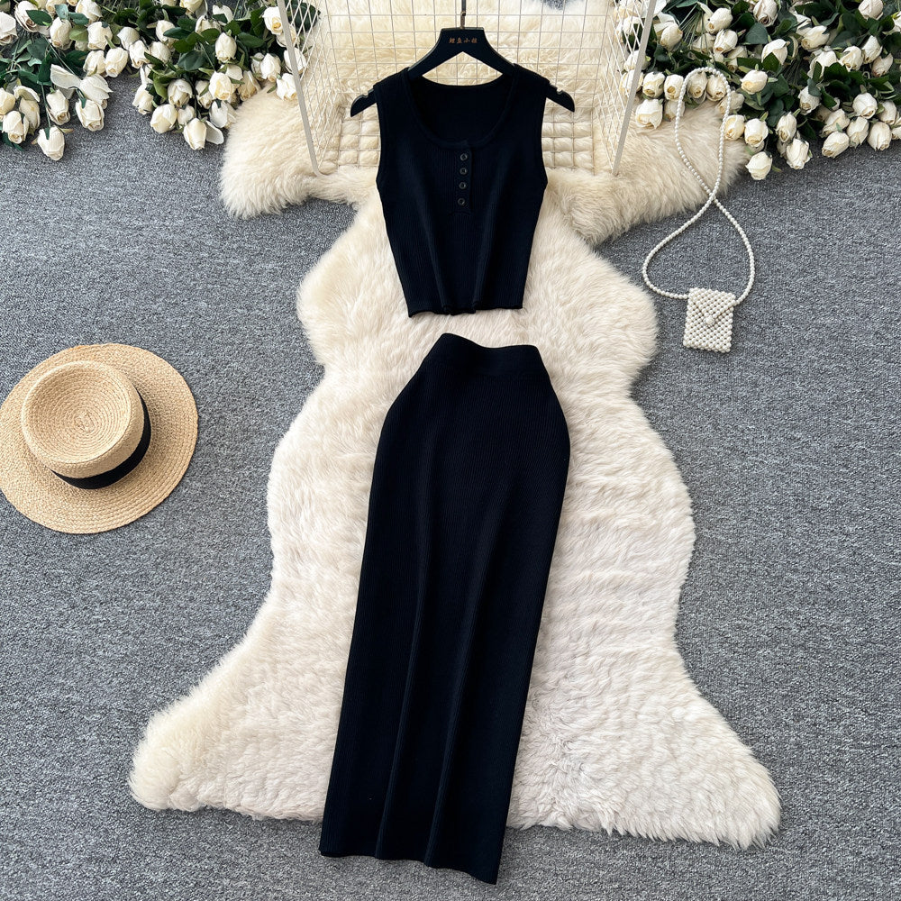 Luxury minimalist sleeveless knit two-piece set for women - summer casual commute high-waisted slimming fit