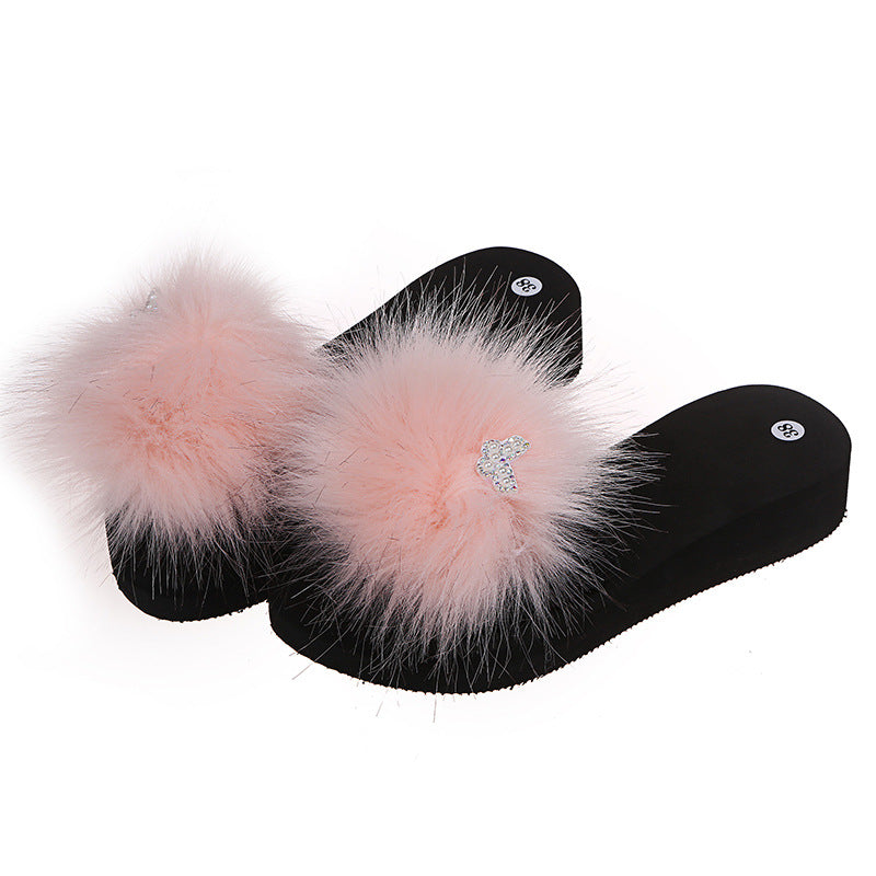 Spring/summer new women's european and american fashion faux fox fur slippers korean style outdoor one-strap slides home furry fur slippers