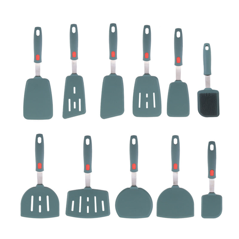 Dark green silicone kitchenware stainless steel handle frying spatula leak spatula kitchen utensils cooking spatula silicone frying pan spatula