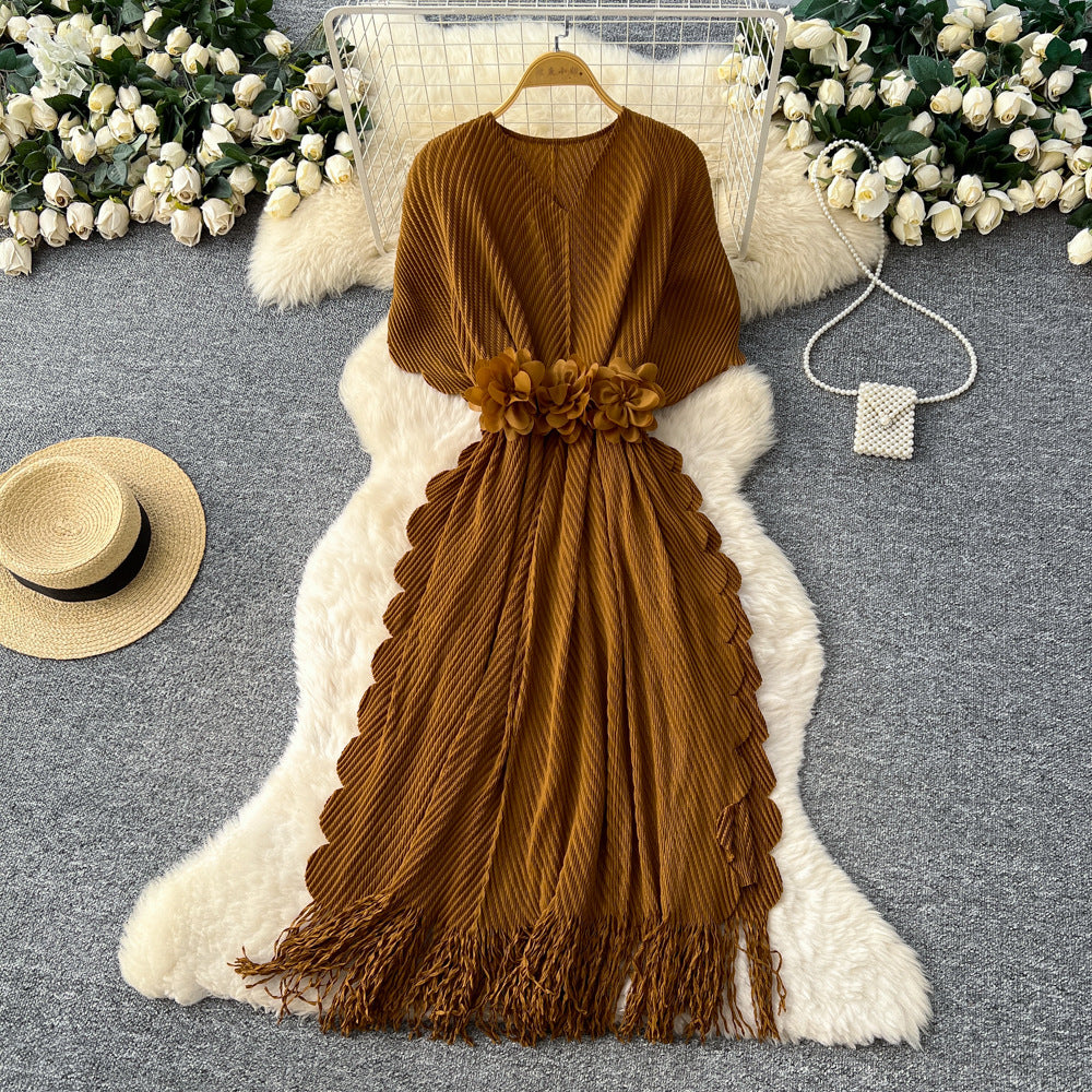 Fashion cross-border miyake pleated dress female v neck waist stereo flower decoration tassel long skirt elegantwork clothing
