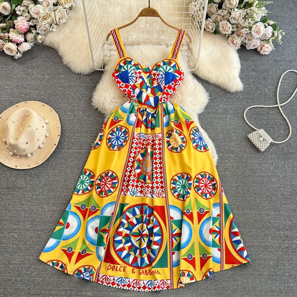 Retro palace baroquetube top suspender long skirt seaside vacation waist slimming look word fixed slotprintingdress