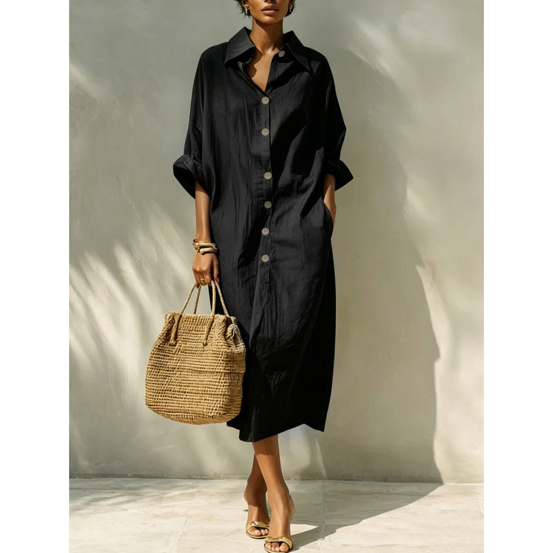 european and american cross-border new arrival: solid color long-sleeve shirt collar dress
