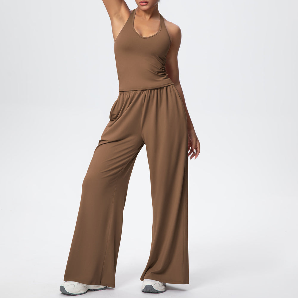 i-shaped v neck beautiful back tight breathable pure color wide-leg yoga suit sports running fitness suit for women