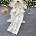 French chic beaded v-neck lace top & high-waisted midi skirt two-piece set - elegant & sophisticated