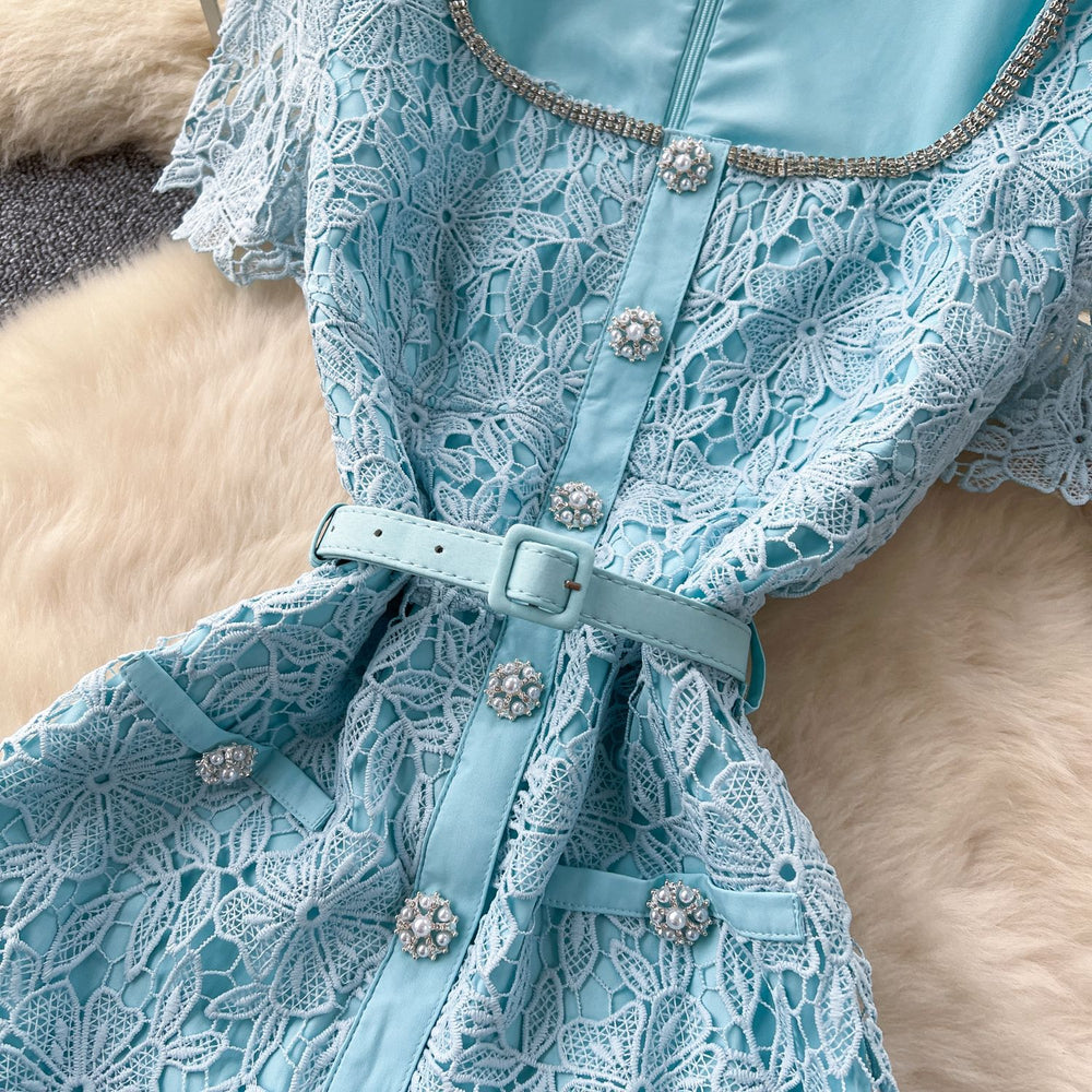 French chic high-end embellished square neck short sleeve lace dress - women's summer slim fit maxi dress